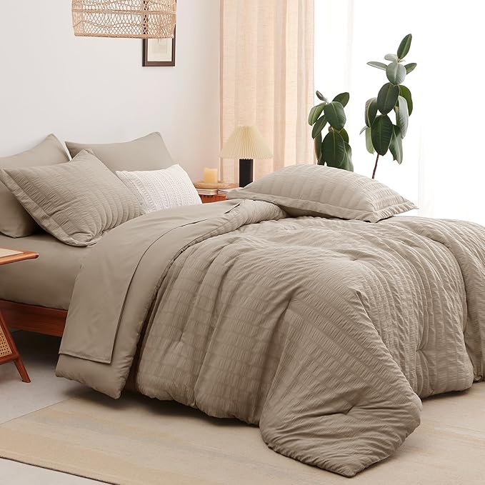 CozyLux Full Size Comforter Sets with Sheets Seersucker 7 Pieces Khaki Bed in a Bag Textured Luxury Soft Bedding Set with Down Alternative Comforter, Sheets, Pillowcases & Shams for All Seasons