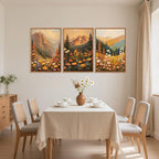 Aurlan Boho Mountain Sunset Landscape Framed Wall Art(16"x24"), 3PCS Large Wildflowers Meadow Canvas Artwork, Colorful Abstract Watercolor Nature Forest Scenery Decor for Home Office Bedroom