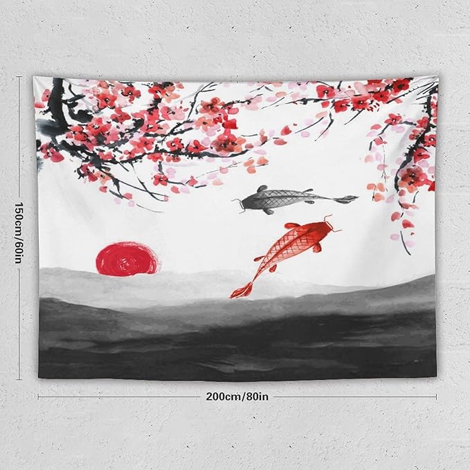 Houselerax Japanese Koi Fish Tapestries, Cherry Blossoms Asian Oriental Flower Branch Koi Fish Carp Tapestry Wall Hanging for Bedroom Living Room Office Decor 80"x60"