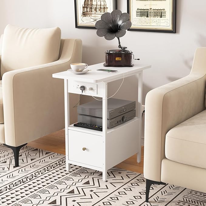 LIDYUK End Table with Charging Station, Narrow Side Table with Drawer and USB Ports & Power Outlets, Nightstand Bedside Tables for Small Spaces, Bedroom, Living Room, White, Set of 2