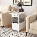 LIDYUK End Table with Charging Station, Narrow Side Table with Drawer and USB Ports & Power Outlets, Nightstand Bedside Tables for Small Spaces, Bedroom, Living Room, White