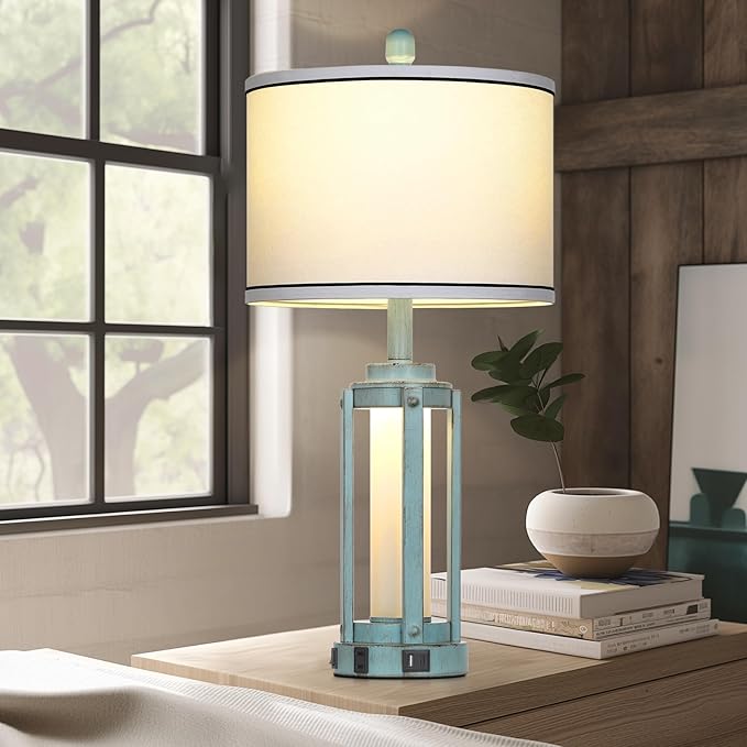 Table Lamp for Living Room, Vintage Rustic Industrial Farmhouse Lamps with USB A+C Charging Ports & AC Outlet, Beside Nightstand Metal Lamp with LED Night Light & Fabric Shade for Bedrooms