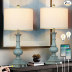 Farmhouse Table Lamps Set of 2, Rustic Touch Control Bedside Lamps with 2 USB Ports & AC Outlet, Vintage Resin 3-Way Dimmable Nightstand Lamp Linen Fabric Shade for Living Room Bedroom Decor Blue