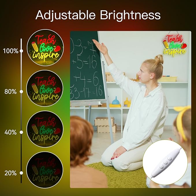 WLHOPE Teach Love Inspire Neon Sign Dimmable Led Signs for classroom Wall Decor Neon Lights USB Powered Acrylic Board Sign for study room bedroom teacher's day kids gift Decoration12.6 * 14.17 inch