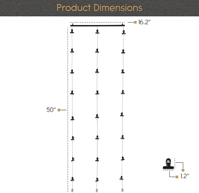 You Have Space WAJER Picture Hanging Kit with 24 Magnetic Clips for Pictures, Polaroids, Kids Crafts and Artwork, Metal Black