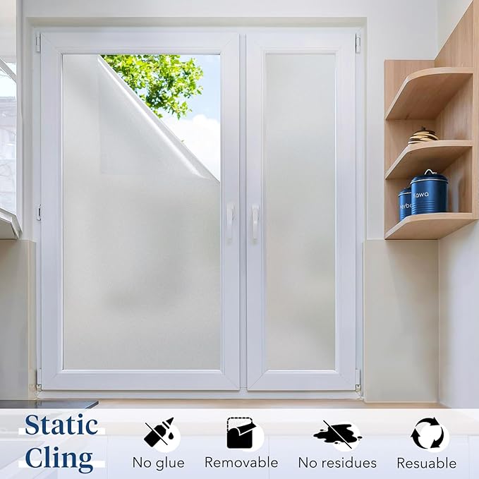 Haton Window Privacy Film Frosted Glass for Bathroom, Static Cling UV Sun Blocking Window Clings, Opaque Decorative Coverings Removable Sticker Heat Control Tint for Home Door, Pure 17.5" x 78.7"