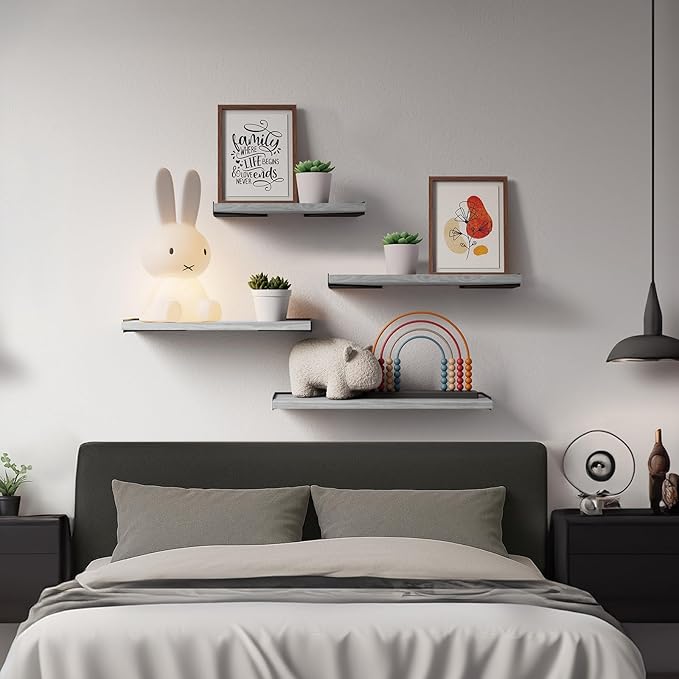 BAYKA Wall Shelves for Bedroom Decor, Floating Wall Shelves for Living Room Kitchen Storage, Wall Mounted Rustic Wood Floating Shelves for Kids Books, Corner Shelf for Bathroom(Gray White，Set of 4)