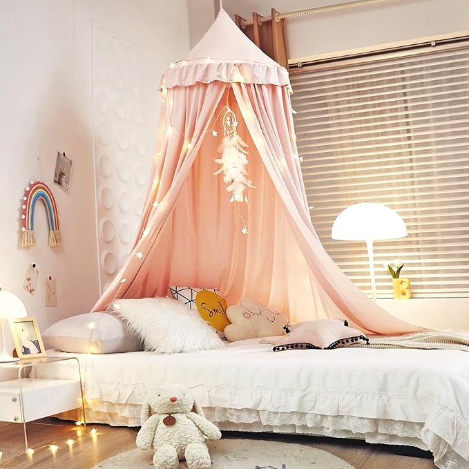 Kertnic Decor Canopy for Kids Bed, Soft Smooth Playing Tent Canopy Girls Room Decoration Princess Castle, Dreamy Mosquito Net Bedding, Children Reading Nook Canopies in Home (Pink-Ruffle)
