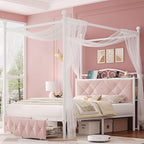 Queen Upholstered Canopy Bed Frame with 2 Drawers & Crystal Tufted Storage Headboard Two-Purpose Metal Platform Bed with 4 Removable Posts & Charging Station Pink Princess Bed, Curtain Not Included