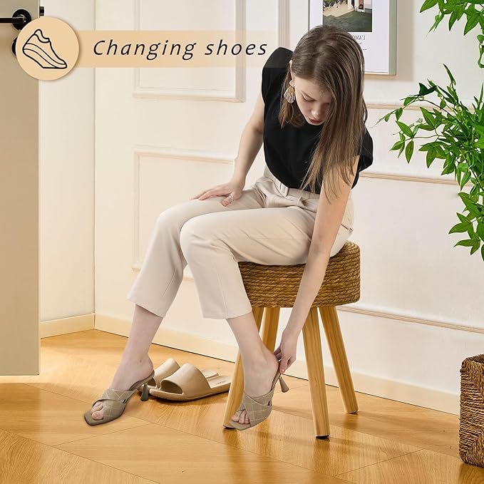 Handwoven Outdoor Ottoman, Water Hyacinth Pouf Round Patio Footstool with Wood Legs, 17-Inch Multipurpose Vanity Stool, Dining Chair, Patio Footrest for Balcony and Garden, Natural