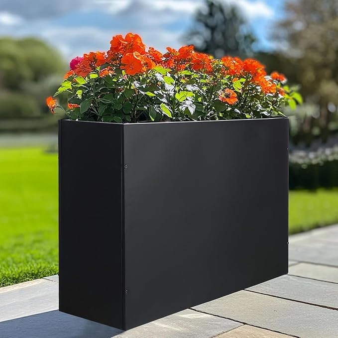 Metal Rectangular Planter Box Tall Planters for Outdoor Plants Modern Heavy Duty with Drainage Holes for Outside Indoor Patio Deck - Black, 32”x 12”x 24”