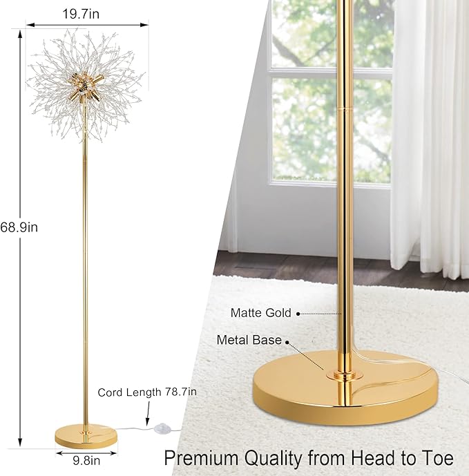 69 inch Crystal Floor Lamp, Modern Standing Lamp with K9 Crystal, LED Floor Lamp with On/Off Foot Switch, Metal Tall Pole Lamp for Living Room, Girls Room, Bedroom, Dresser, Office, Gold Finish