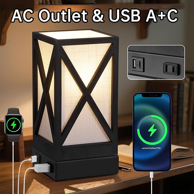 Table Lamp, Set of 2 Rustic Farmhouse Nightstand Lamps, 3 Color Temperatures Desk Lamp with USB Charging Ports AC Outlet Vintage Lamp for Living Room Bed Room, Black
