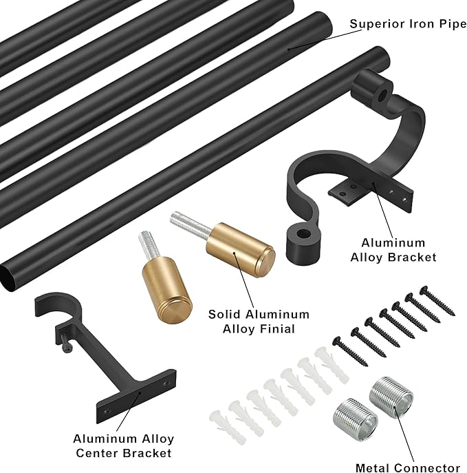 Curtain Rods for 28-161” Windows, Splicing Construction, 1” Adjustable Drapery Rod with Aluminum Alloy Brackets and Finials for Window, Sliding Door, Patio, Living Room Decoration, Matte Black&Gold