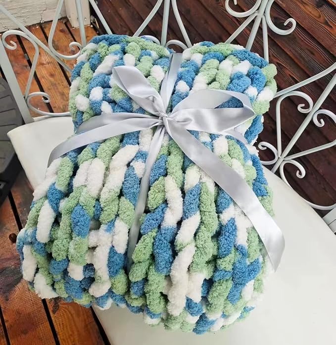 DDL&HEXI Chunky Chenille Blanket 100% Hand Knit with Jumbo Chenille Yarn (50"x60") Super Soft Large Throw Bed Blanket for Couch, Sofa, Home Decor - Machine Washable (01)