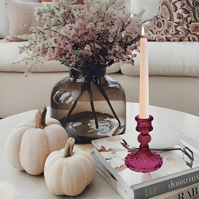 Glass Candlestick Holder,Striped Taper Candle Holders,Set of 6 Candle Stand for Table Centerpieces, Home Decor,Weddings,Festival and Parties (GCH002-Purple Dimond)