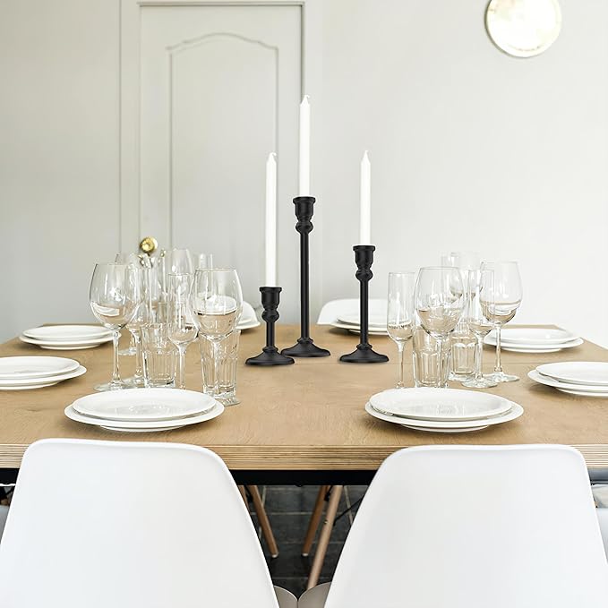 3-Piece Metal Candle Holders Set - Heavy Duty Alloy Taper Candlesticks for Table Centerpiece, Christmas, Dinner Party, Vintage Home Decor - 5-7.5 -10.3Inch Tall, Antique Gold Finish (Black)