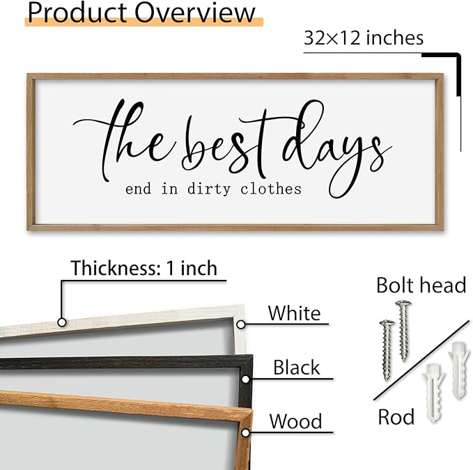 SRSZHIYUE The Best Days End In Dirtiest Clothes Sign Wall Decor Art 32"×12" for Laundry Room Large Wood Framed Wall Hanging (Wood)