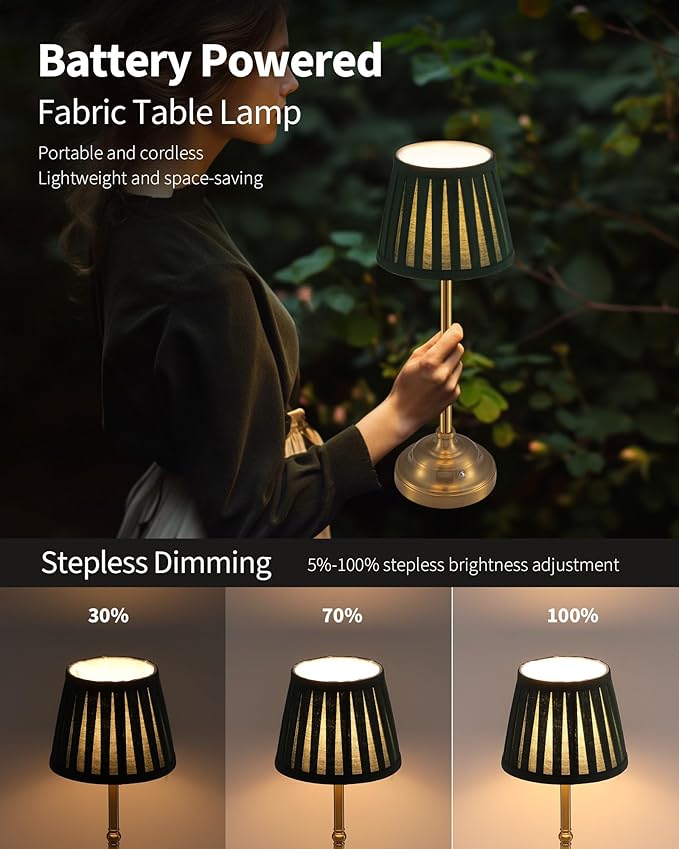 KDG Cordless LED Table Lamp Set of 2, Portables Fabric Shade Desk Lamps, 4000mAh Rechargeable Battery Powered Lighting, Dimmable Light for Dining Room, Bedroom, Bedside, Night Light, Balcony (Green)