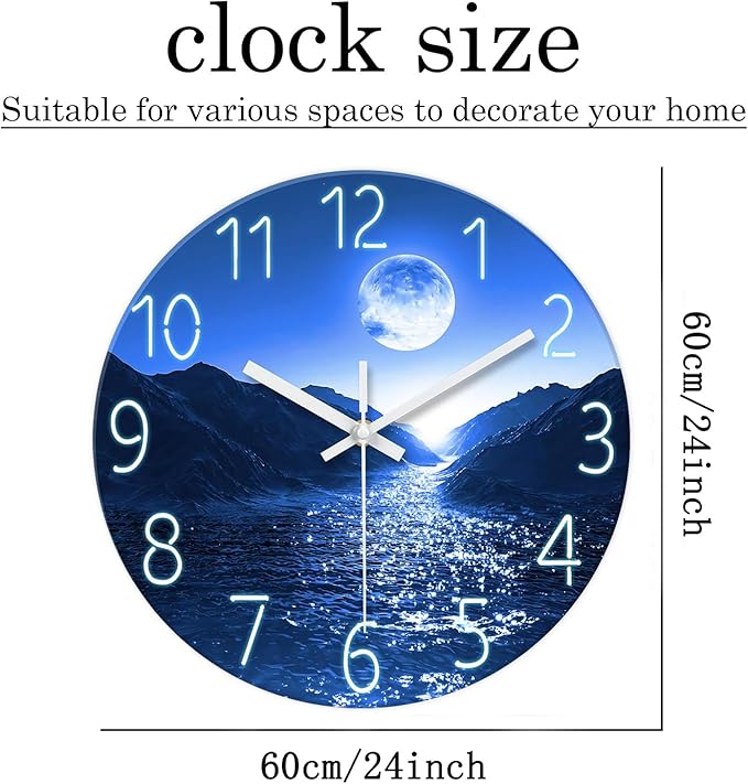 XFM Blue Moon Wall Clock Battery Operated 24 Inch Modern Silent Non Ticking Large Decorative Wall Clocks for Kitchen Living Room Bedroom