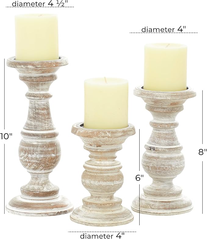 Deco 79 Mango Wood Decorative Candle Holder Turned Style Pillar Candle Stand, Set of 3 Candlestick Holder 6", 8", 10"H, Cream