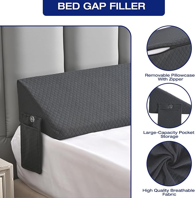 King Size Wedge Pillow for Headboard Gap Filler Nora Pillow Wedge Long Wedge Pillow for King Size Bed Gap(0-8") Between Mattress and Headboard Grey 76"x10"x6"
