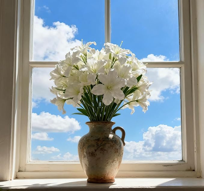 10-Bud Artificial Lily Flowers, 4 Pcs Fake Outdoor Flowers, UV Resistant Faux Flowers for Outdoor Planters, Silk Flowers for Wedding Decoration (White)