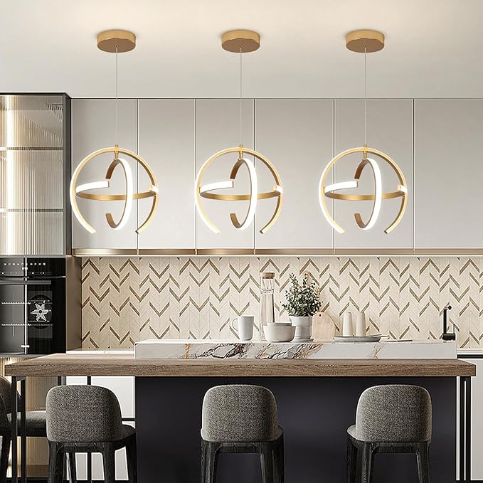 Modern Gold Dimmable LED Chandelier, 13 Inch Brushed Metal Globe Pendant Lights, Hanging Ceiling Light Fixture for Kitchen Island Living Room Room Dining Bedroom Hallway Entryway Foyer (3-Pack)