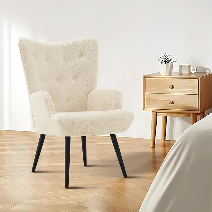Furnimart Faux Fur White Accent Chair Mid Century Modern Living Room Chairs; Comfy Armchair Leisure Vanity Guest Wingback Chair for Office Study Vanity Bedroom Waiting Room White