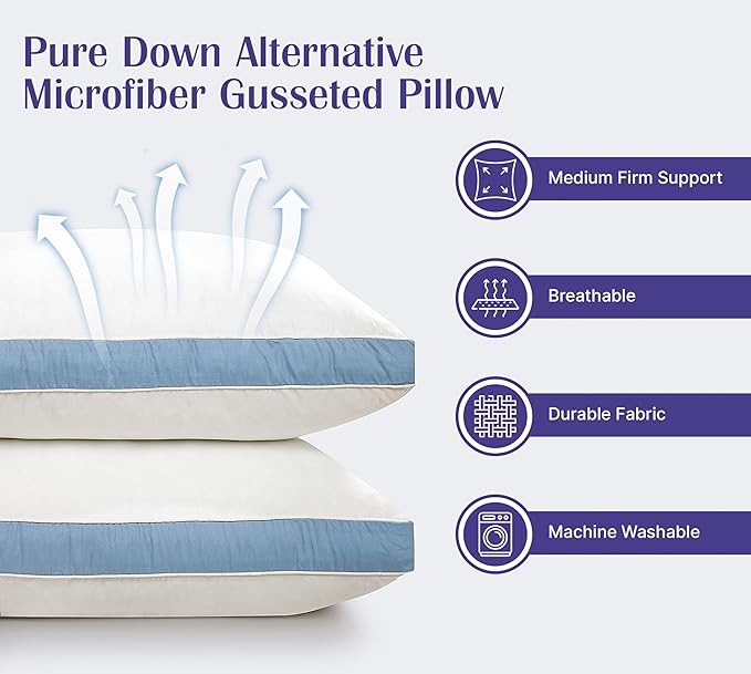 ROYALE LINENS Pillows King Size Set of 2 -Bed Pillows for Sleeping - Cooling Pillow for Back, Stomach or Side Sleepers - Down Alternative King Gusseted Pillows -Hotel Quality (20x40 Inches, Pack of 2)