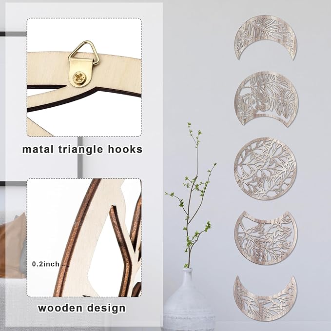 Jetec 5 Pcs Moon Phase Wall Art Decor Wall Pediments Hanging Wooden Moon Phase Spiritual Bedroom Nordic Boho Lunar Aesthetic Art for Living Room Dorm Apartment Bar Ornament(Retro Color,15.75 Inch)