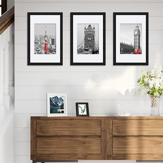 8x12 Black Picture Frames set of 3, Made of Wooden and Glass Photo frame - Displays 6x8 Picture with Mat or 8 x 12 Poster without Mat, Desktop & Wall Collage Frame set