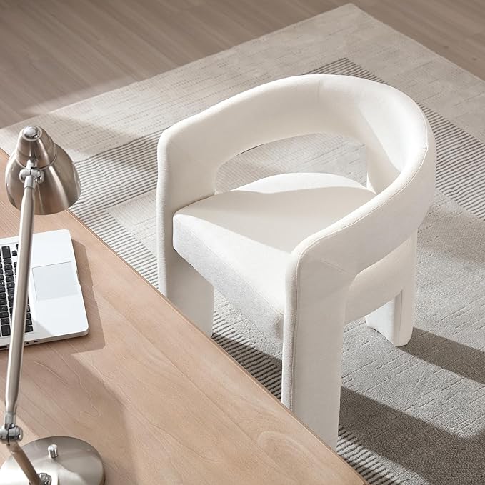 White Chenille Dining Chairs Set of 4, Modern Barrel Dining Room Chairs Upholstered Accent Chair with Arms and Round Back for Living Room Kitchen Armchair No Assembly Needed