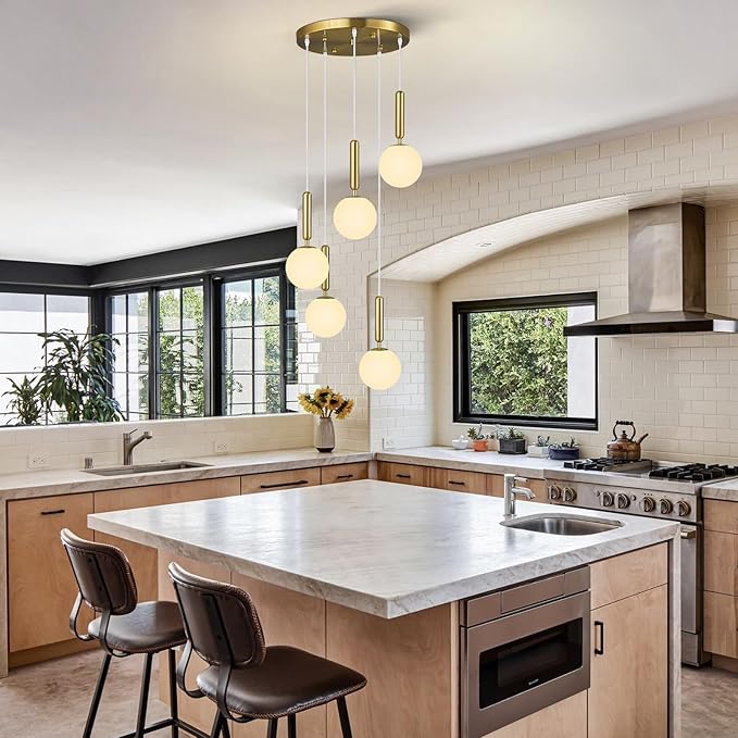 Modern Gold Pendant Light Hanging Fixture Light for Kitchen Island Mid Century with Globe Pendant Light Milk White Glass Pendant Lighting for Living Room Bedroom Entryway (5 Lights)