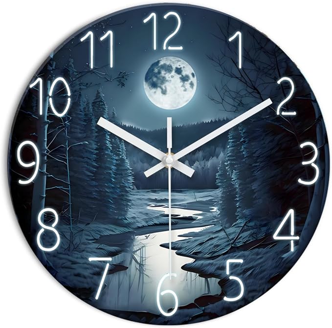 XFM Moon Forest Wall Clock Battery Operated 12 Inch Silent Non-Ticking Wall Clocks Modern Decorative Round Clock for Kitchen Bedroom Living Room Office