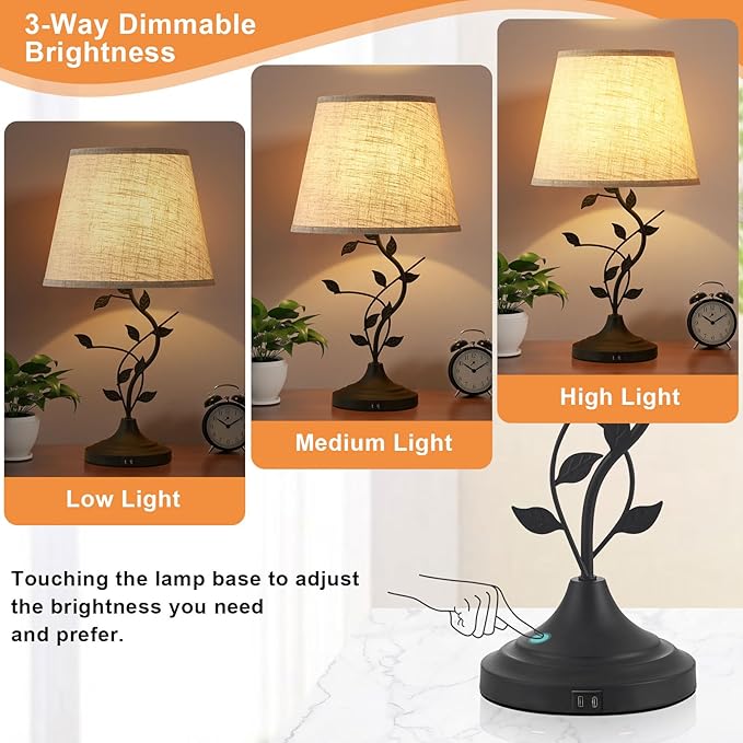 Kakanuo USB Touch Table Lamp Bedside Lamp with USB C Charging Ports for Living Room, Beige 3 Way Dimmable Traditional Nightstand Lamp Retro Table Lamp for Bedroom and Office (LED Bulb Included)