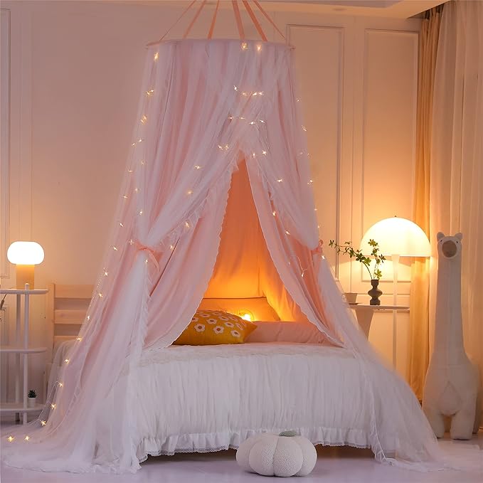 VETHIN Double Layer Princess Round Dome Canopy Bed Curtain for Girls Adults,Children Dreamy Mosquito Net,Cute Bedroom Decoration Castle Play Tent Reading Nook Canopies(Dome-Pink/White)