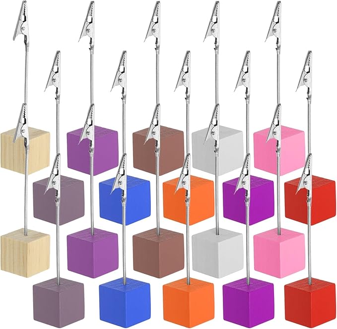 PATIKIL Place Card Holder, 20Pcs Memo Clip Holder Stand with Alligator Clasp Table Number Holders Wooden Base for Pictures Note Card Paper, Multicolored