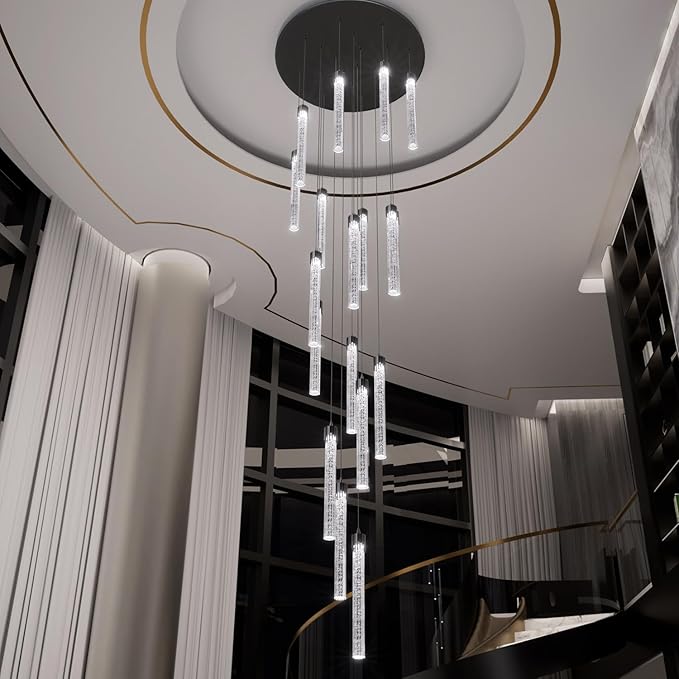 H138'' Crystal Bubble Column Chandelier Black 12-Lights Ceiling Light for Foyer Entrance Pitched Ceiling Loft Lighting Fixture LED Dimmable 2700K-6000K