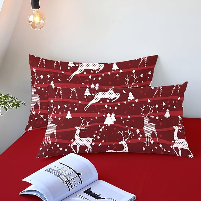 Christmas Comforter Set King Size,Red Christmas Bed Set with Reindeer Stars Bedding for Holiday, 3 Pieces 1 Reversible Comforter and 2 Pillowcases