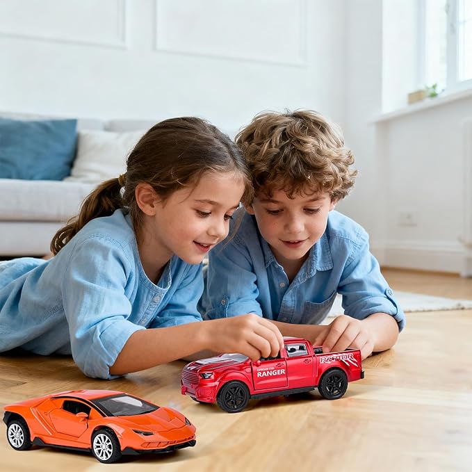 1/36 Metal Diecast Cars Toy with Opening Doors,4 PCS Pull Back Cars Set,Contain Truck Toys,Race Car and Kids Car Toys,Boy Toy for Age 3 4 5 6 7