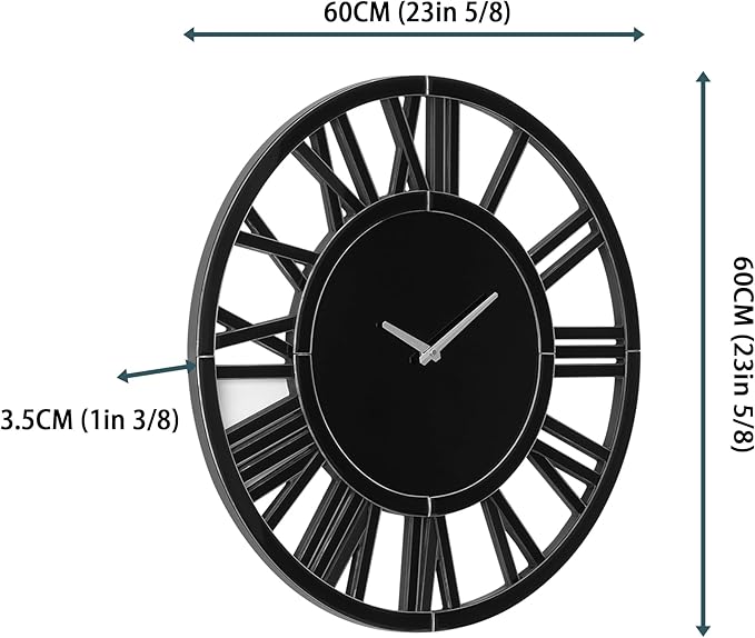 SHYFOY Large Wall Clock - 23.6" Modern Black Wall Clock with Roman Numerals, Decorative Wall Clocks for Living Room, Bedroom, Office - Easy to Hang, Silent Non-Ticking