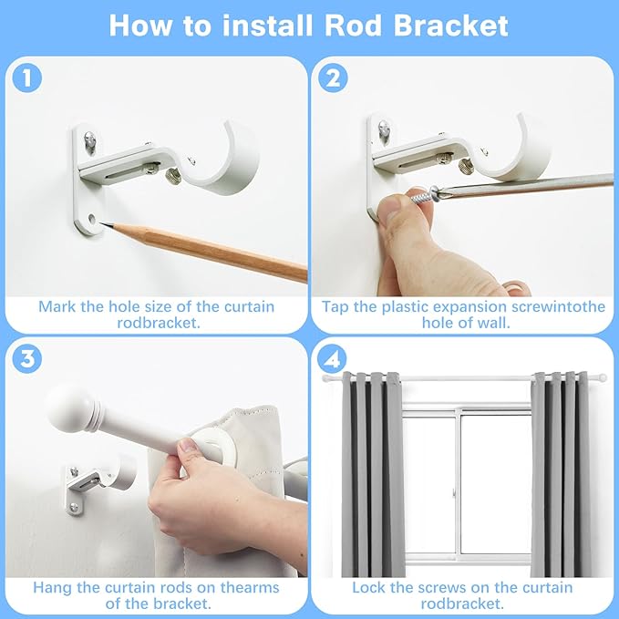 Curtain Rods for Windows 16 to 76 Inches, Curtain Rod Max Adjustable Length of 88 IN, 6/8" Diameter Drapery Rods Round Finials, White, Pack of 2