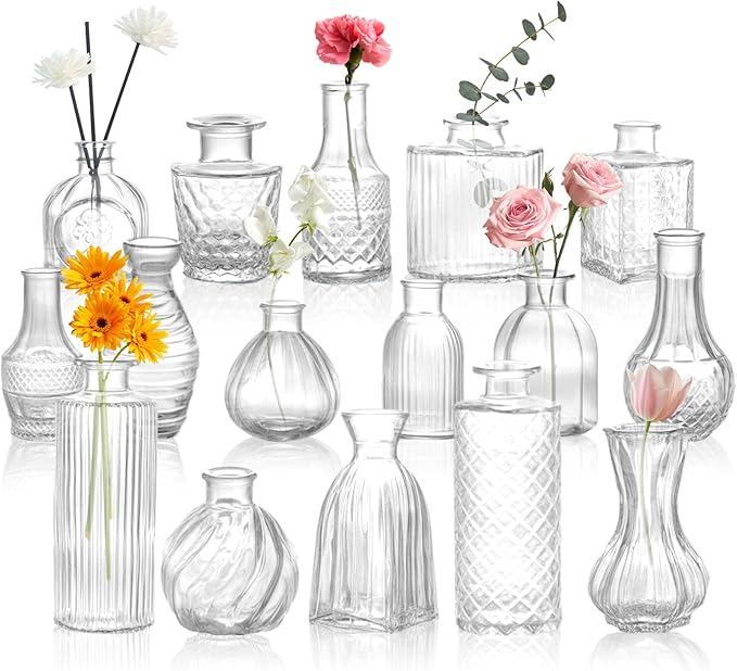DomeStar 16PCS Glass Bud Vases Set for Bouquet, Small Clear Cylinder Vases for Table Centerpieces Wedding Home DIY