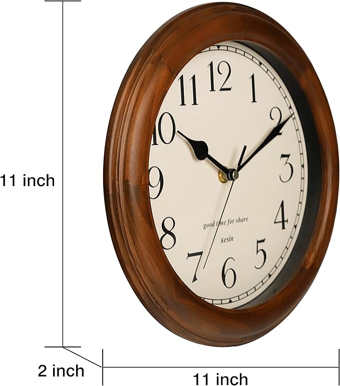 Wooden Wall Clock with Retro Design, 11 Inches Round Wall Clocks Battery Operated Silent Non-Ticking, Big Arabic Numerals, for Kitchen Living Room Classroom Gym and Pool, Brown