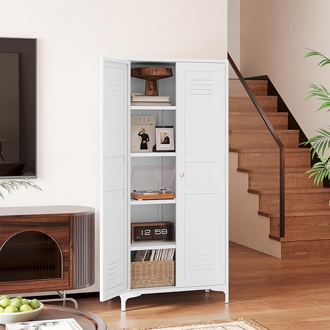 Letaya White Storage Cabinet with Feets-Metal Home Kitchen Pantry Cabinets with Doors and Adjustable Shelves,Organization Locker for Cupboard/Bedroom/Dining/Living/Bathroom/Office/Garage Room (White)