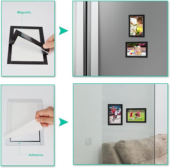CRUGLA 5x7 Magnetic Picture Frames for Refrigerator 12 Packs, Modified Magnetic Sheet with Self Adhesive Backing, Black 5 by 7 Magnetic Photo Frame Set for Glass Window Door Cubicle