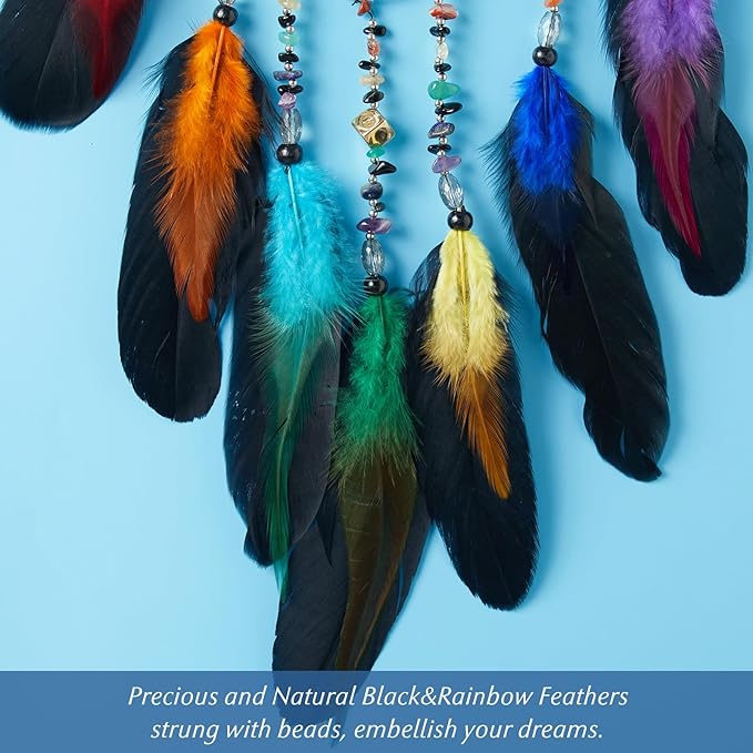 7 Chakras Black Dream Catchers Tree of Life Dream Catcher Rainbow Feather Dreamcatcher Wall Decor with Healing Crystal & Fluorite Wall Art Hanging for Bedroom Home Decor Bless Gift Wedding Garden