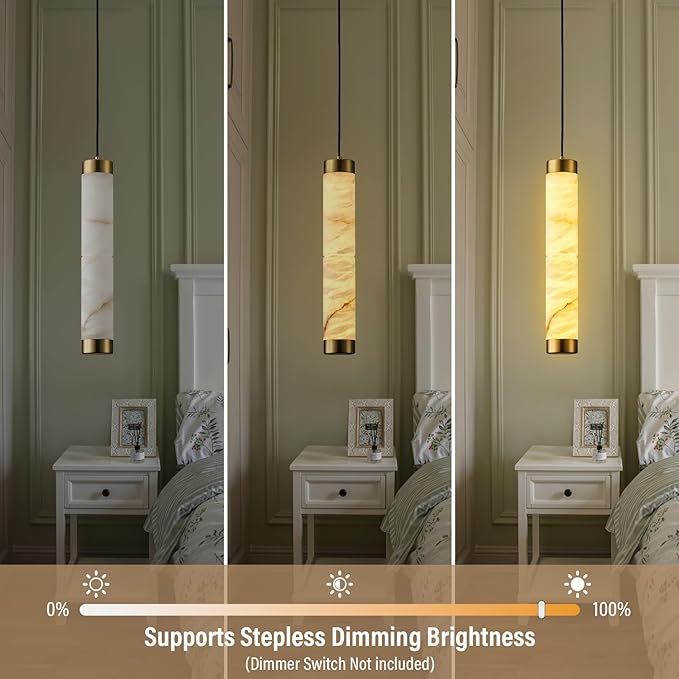 20" Alabaster Pendant Lights, Natural Marble Cylinder Brass Pendant Light, Adjustable Modern Ceiling Light Fixtures for Kitchen Island, Dining Room, Bedroom, Living Room, Bathroom