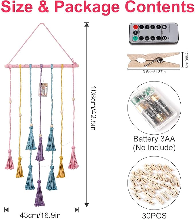 Homecor Room Decor for Teen Girls, Hanging Photo Display Macrame Picture Collage Wall Decor, Boho Decor for Bedroom Apartment Dorm Room with Remote Light, Christmas Birthday Gifts for Teenage Girls